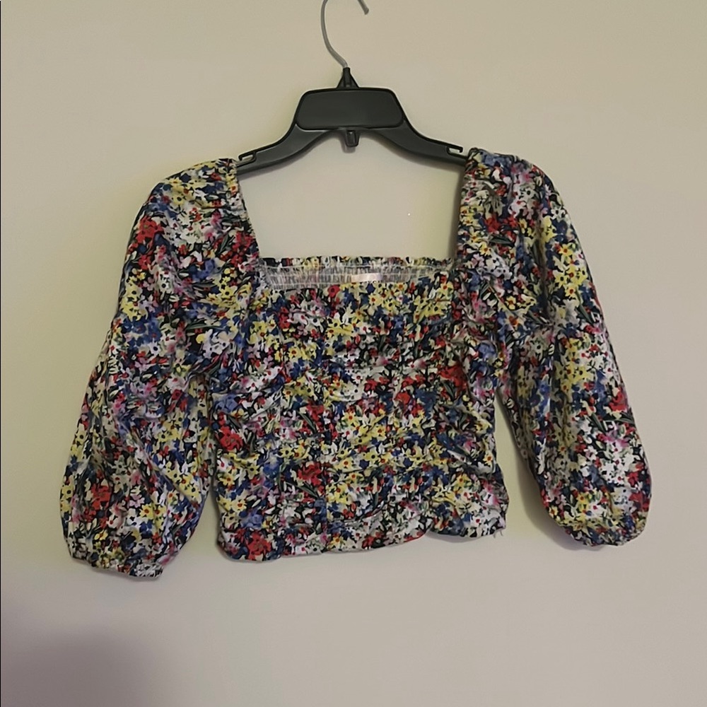 Purple and Yellow Puff Sleeve Cropped Blouse